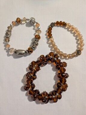 Set of 3 Amber & Bronze Crystal Beaded Stretch Bracelets